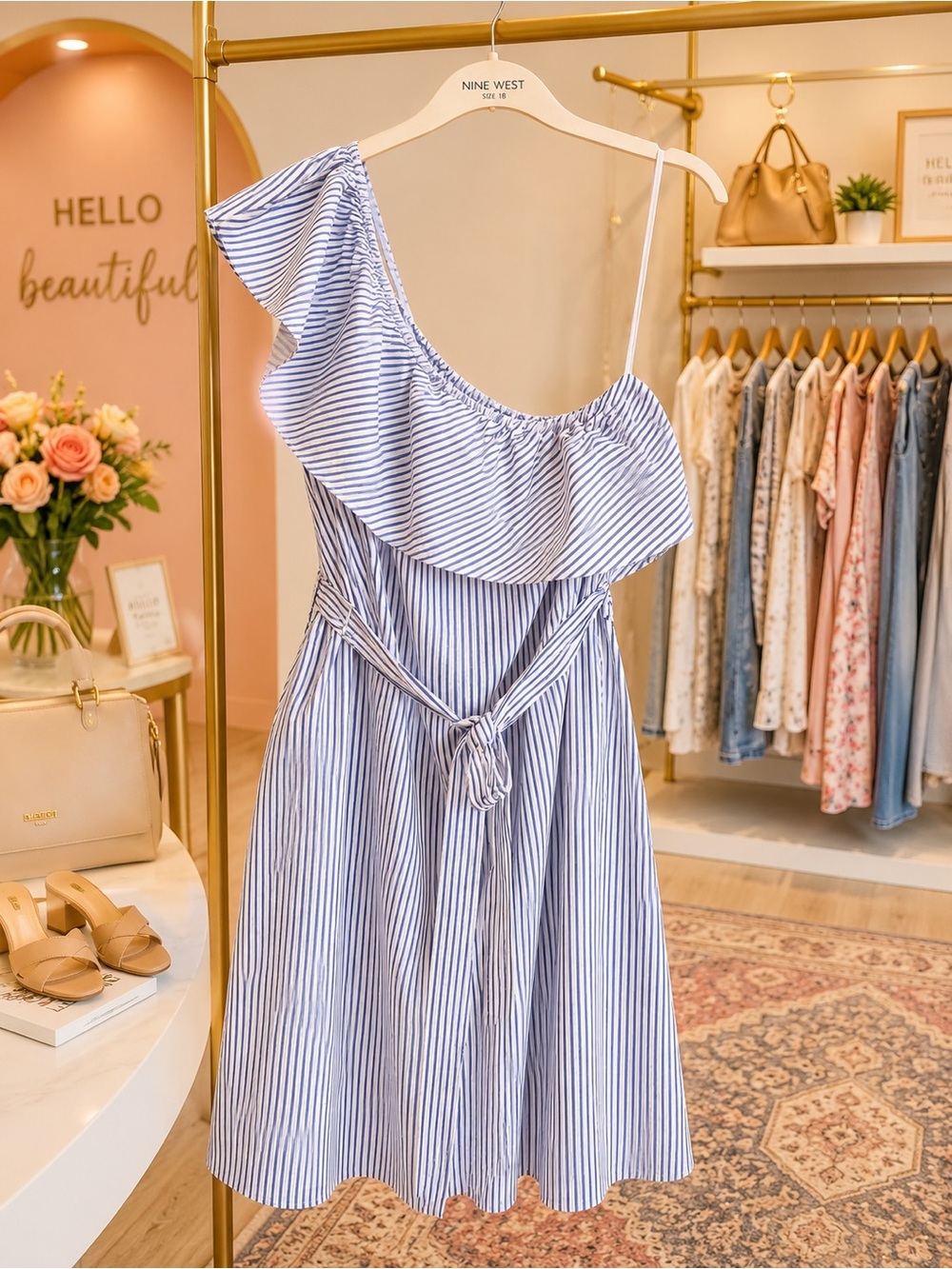 Nine West Blue and White Striped One-Shoulder Ruffle Dress